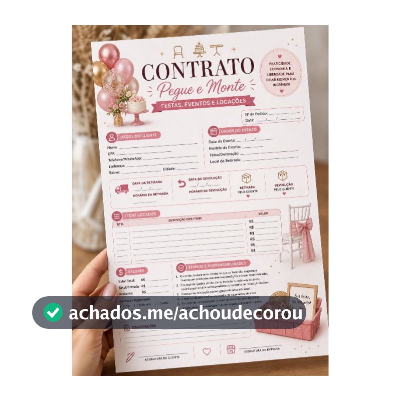 Bloco Contrato Pegue e Monte Festas e Eventos | Contrato de Locação para Decoração | Locações e Eventos | 14x20 cm