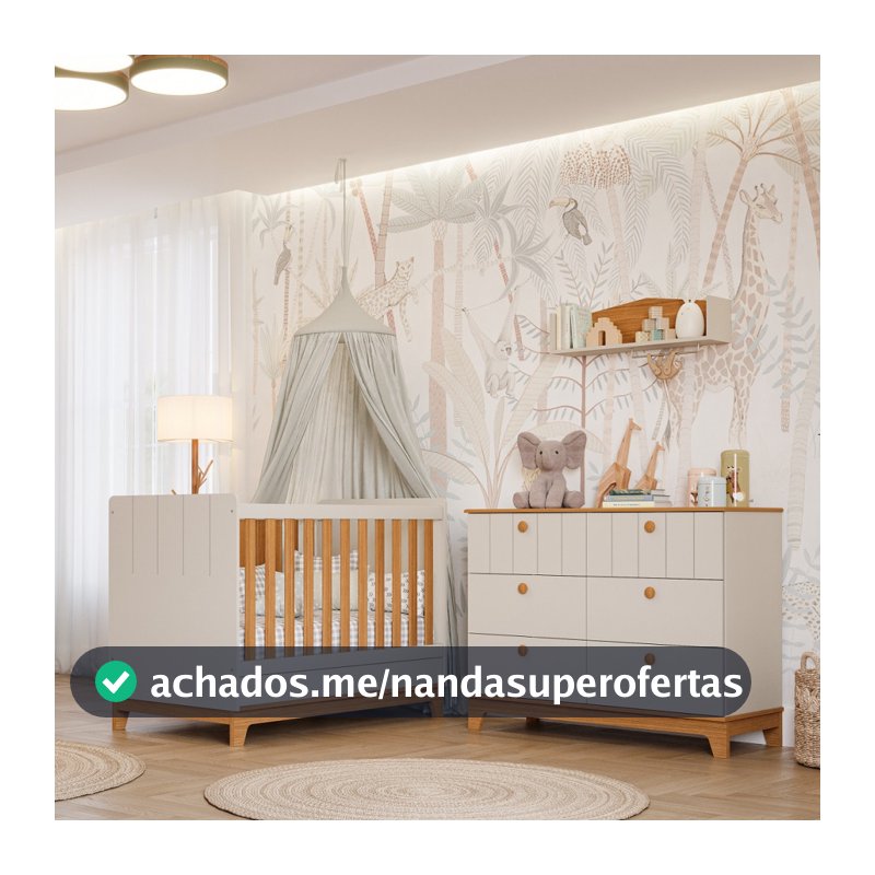 Quarto de Bebê Berço Mini Cama e Cômoda 6 gavetas Liza Permobili