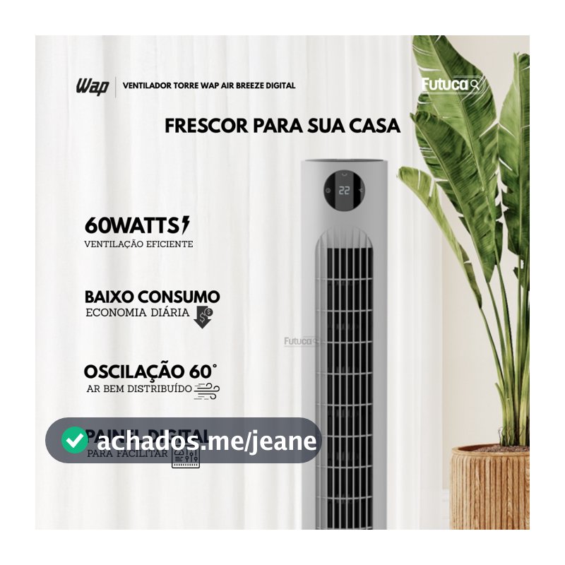 Ventilador Torre WAP AIR BREEZE 3 Velocidades, Oscilação De 60°, Motor Silencioso Alça de Transporte