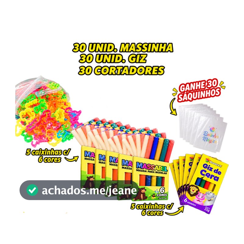 Kit 30 Unidades Massinha Modelar + 30 Unidades Giz+ 30 Cortadores + Ganhe 30 Saquinho Lembrancinha