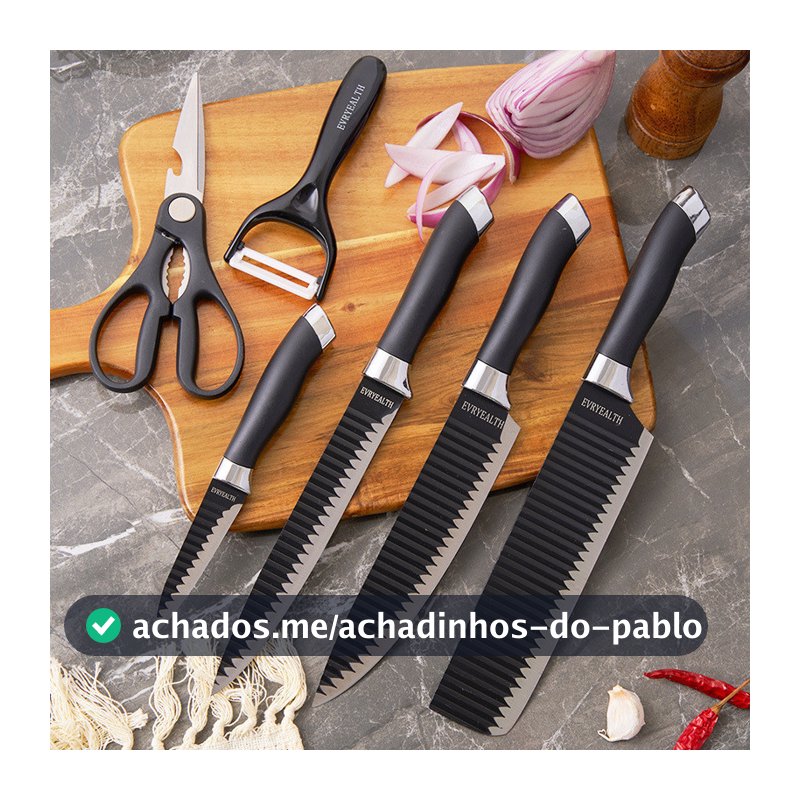 Kit facas de cozinha/Churrasco Profissional Antiaderente 6 Peças Preto/colorido