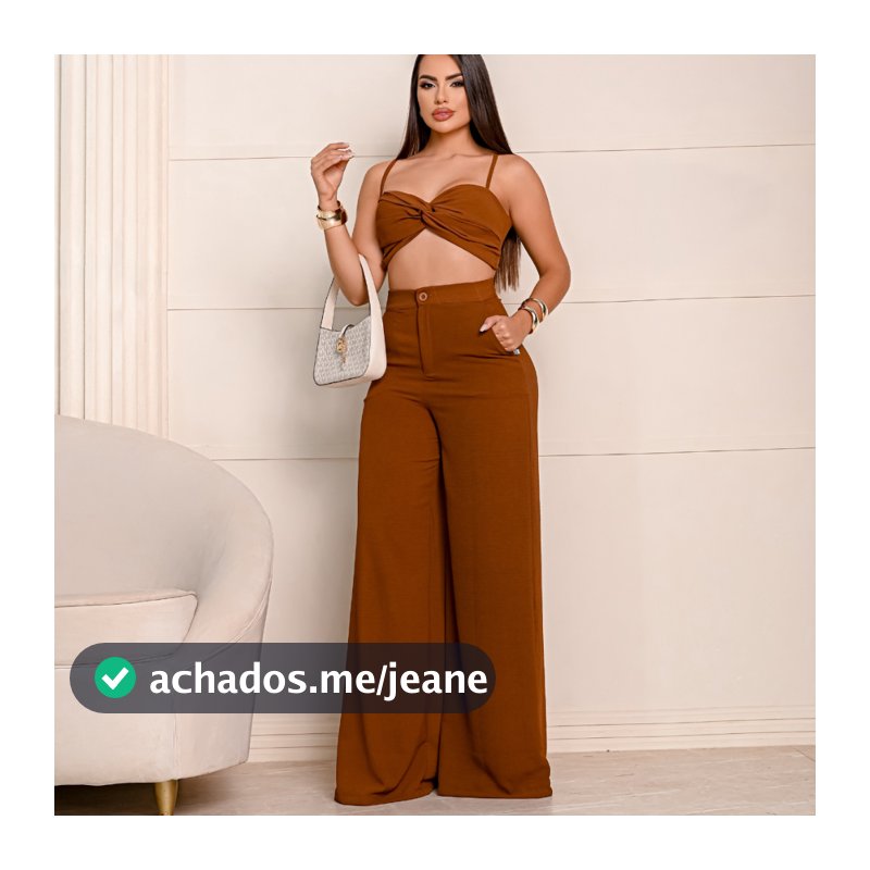 Conjunto Calça Pantalona com Bolso, Cintura Alta e Cropped Alça - Conjunto Dunas