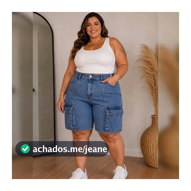 Helena Bermuda Jeans Feminina Plus Size Cargo bolso funcional- Cintura Alta e Bolsos Traseiros