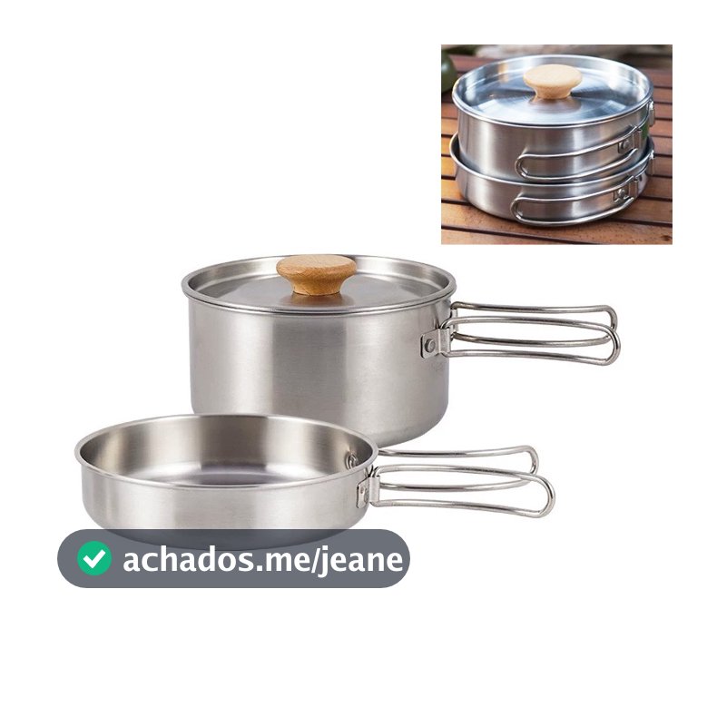 Kit 2 Panela Frigideira Grande Portátil Utensílios Ao Ar Livre Acampamento 2-3 Pessoas Indução e Gás