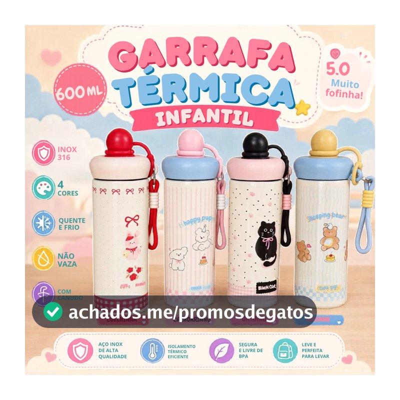 Garrafa Térmica Inox 500ml Kawaii Antivazamento com Canudo Alça e Abridor