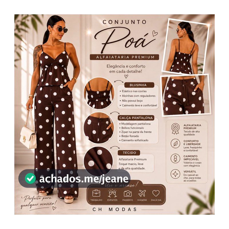 Conjunto Feminino Poá Alfaiataria Premium Blusinha + Calça Pantalona Elegante