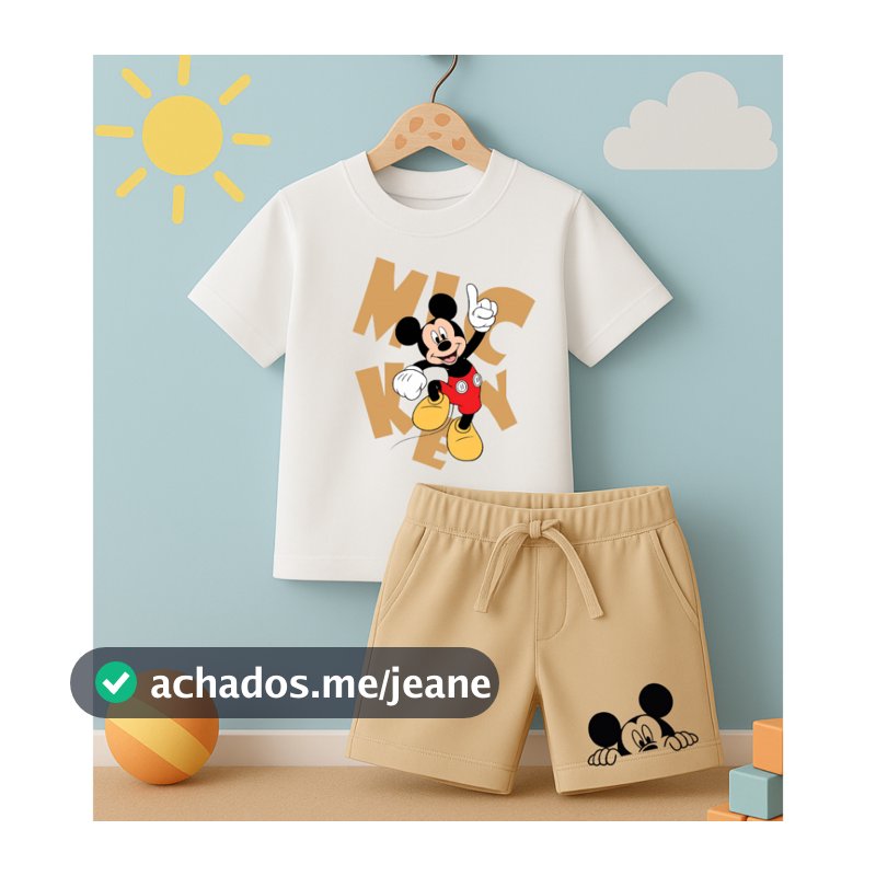 Conjunto Camiseta e Short Moletinho Infantil Juvenil Mickey Mouse Verão básico casual Menino