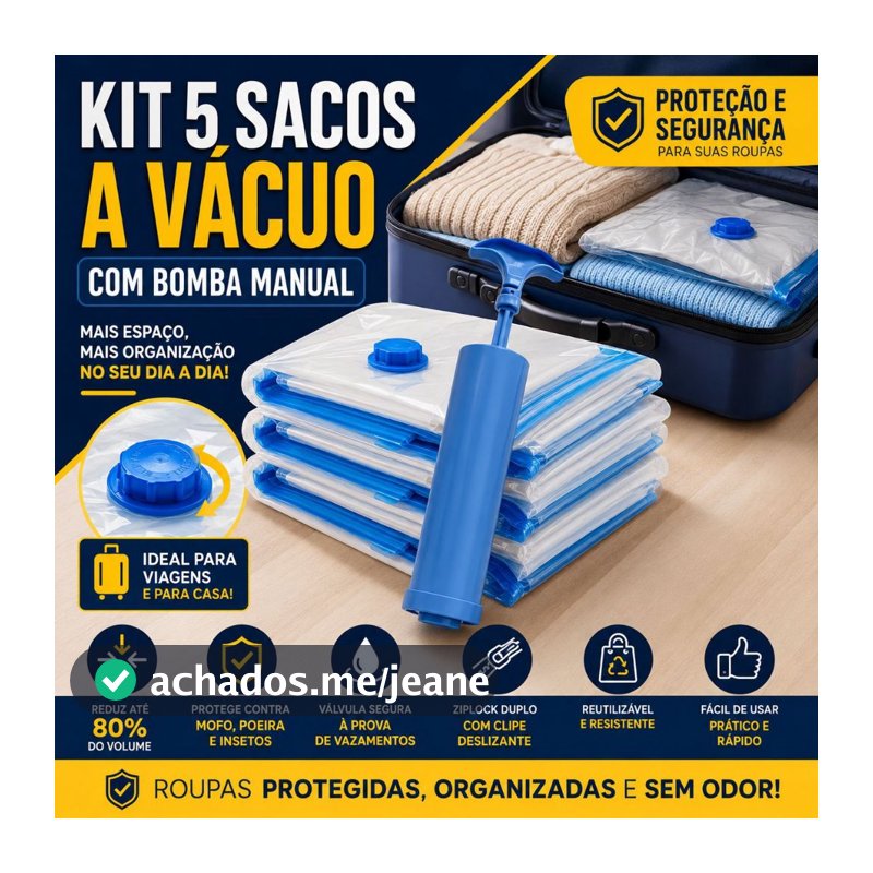 Kit 5 Sacos a Vácuo Para Roupas Com Bomba Manual | Organização de Mala, Viagem e Guarda-Roupa - BC