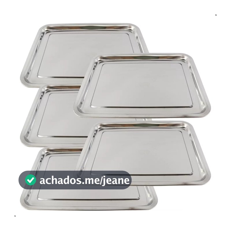 Kit 5 Bandejas Aço Inox Retangular Rasa Multi Uso 32 X 22 Cm