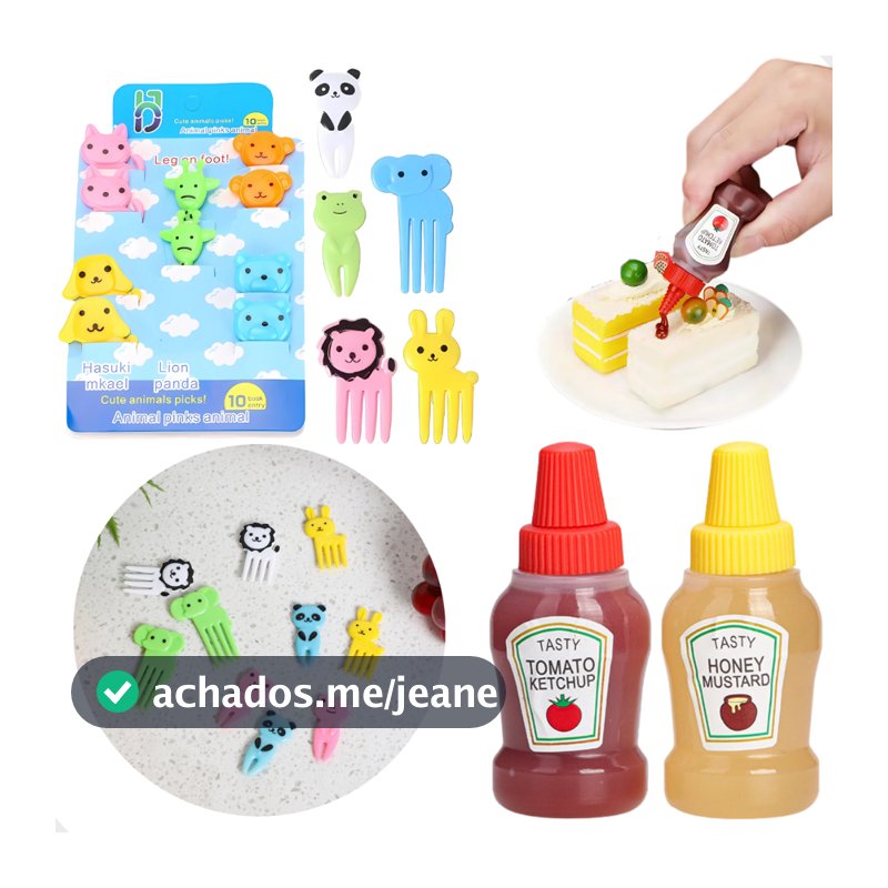 Kit 2 Mini Bisnagas De Molhos e 10 Garfinhos Para Lancheira Escolar