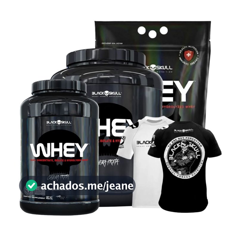 Whey Protein WPC + Whey Isolado + Whey Hidrolisado + Camiseta BOPE / Padrão Black Skull 900g 1800g