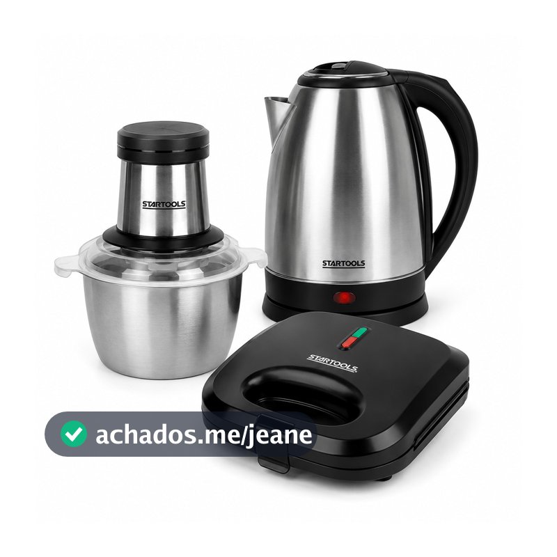 Kit Startools Cozinha 3 em 1 Mixer de Mão Elétrico Chaleira Elétrica Inox 2L Grill Sanduicheira Preta 110V