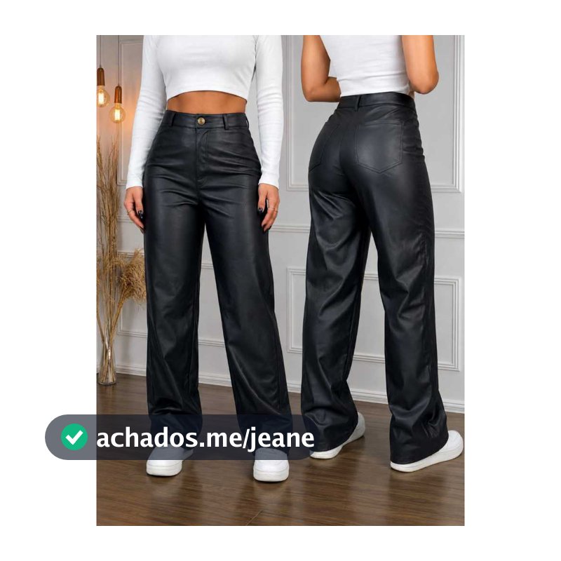 Calça Feminina Wide Leg Cintura Alta Pantalona Couro Premium Preta Modela Corpo