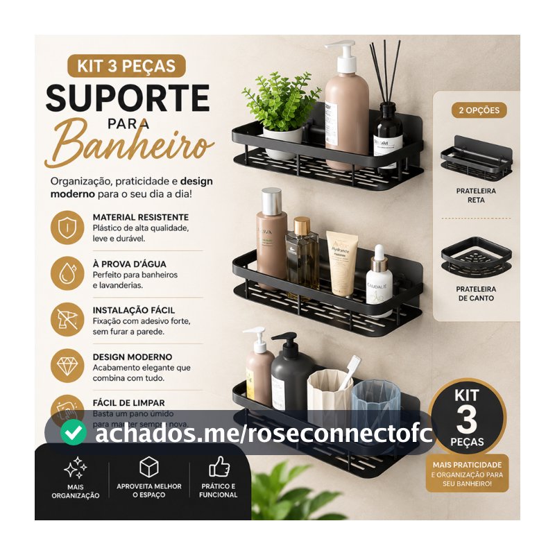 Conjunto 3 Peça Suporte de Canto e Reta Porta Shampoo Prateleira P/ Banheiro Organizador com Adesivo