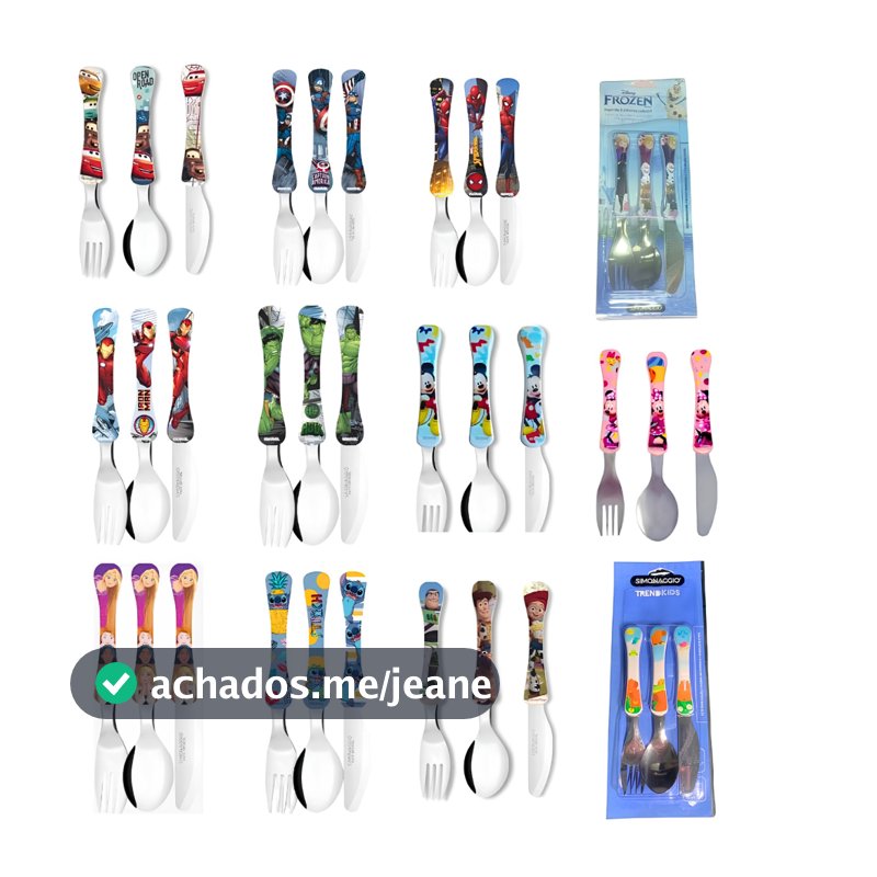 Kit Talheres Infantil Simonaggio 3 Peças Inox Personagens Colher Garfo Faca Para Criança