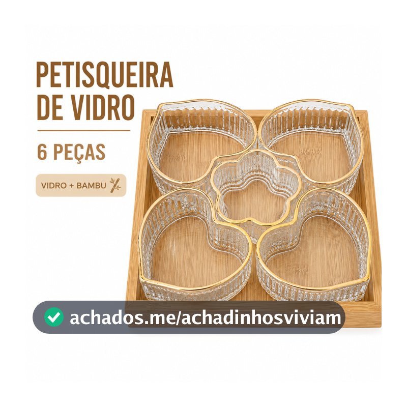 Petisqueira de Vidro 6 Peças com Bandeja de Bambu Tigelas Coração e Flor para Petiscos Doces e Frutas【Festa Halloween】