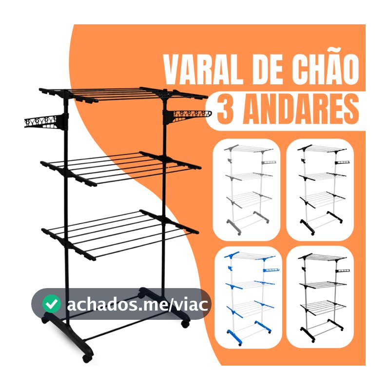 Varal De Chão De Roupas 3 Andares Dobrável Grande 4 Rodas