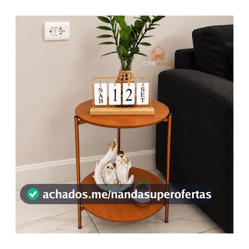 Mesa Mesinha Lateral Canto Apoio Decorativa Moderna Para Sala Quarto Escritório Nature Pés Cobre