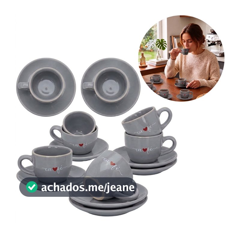 Jogo 6 Xícaras De Café Com Pires Cinza Veneza 90ml