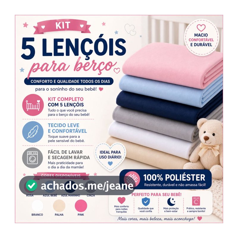 Kit 5 lençol de berço americano padrão avulso com elástico 100% poliéster