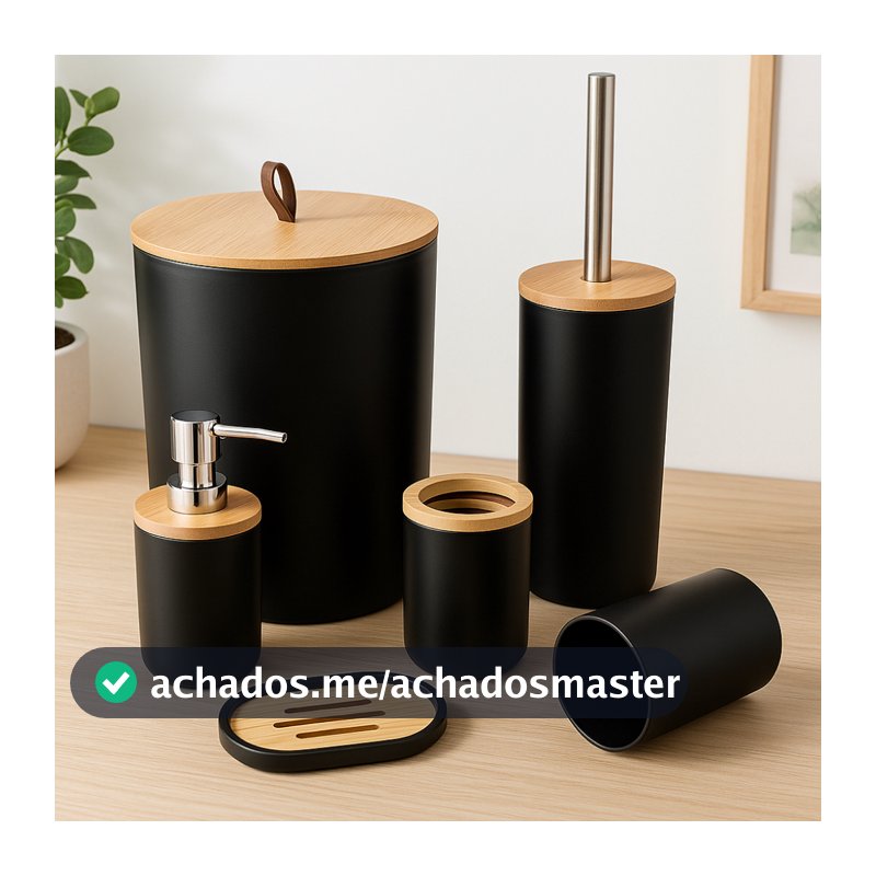 Kit de Banheiro Completo com 6,4 ou 2 Peças - Lixeira com Tampa puxador couro Bambu para Lavabo
