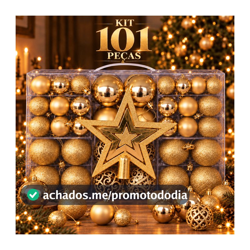 Kit Enfeites de Natal 101 Peças com Bolas Glitter Fosca Brilhante e Estrela 20cm