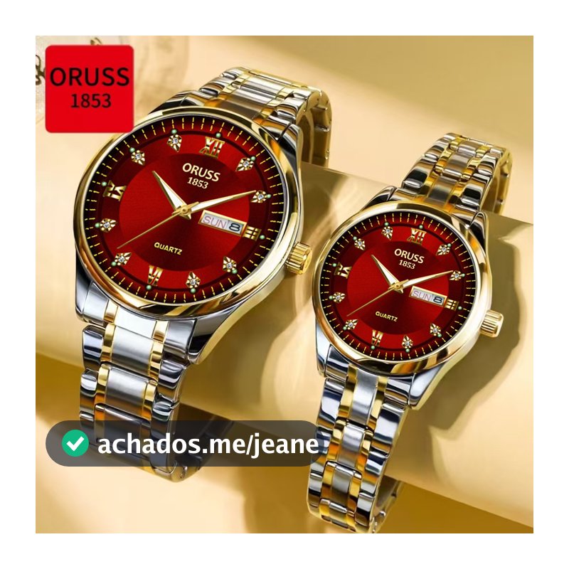 ORUSS Original 2 Pcs Casal Aço Inoxidável Mostrador Vermelho Calendário Duplo Luxo À Prova D 'Água Relógio Luminoso Moda