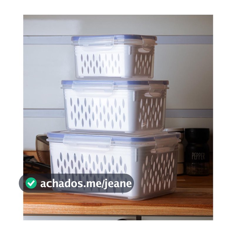 Kit 3 Potes Herméticos com Cesto Escorredor Branco Plástico Organizador Geladeira Frutas Verduras Legumes Salada Freezer