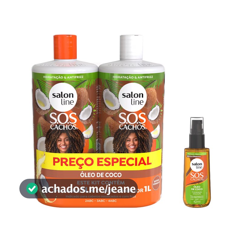 Kit SOS Cachos Coco Shampoo e Condicionador Litrão + Óleo