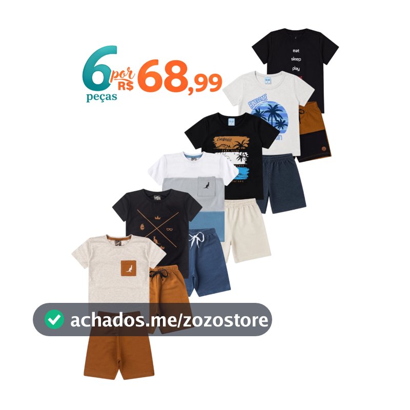 Kit 6 Peças Conjunto Infantil Menino Verão Bebê Algodão Promoção 3 Camisetas + 3 Bermudas Envio Sortido Tamanho 1 ao 12