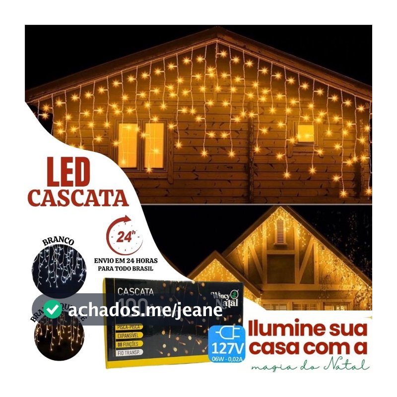 Cascata 100 Led's 8 Funções 127v 2,3M Natal festas Cordão Fio Transparente Decoração Natal