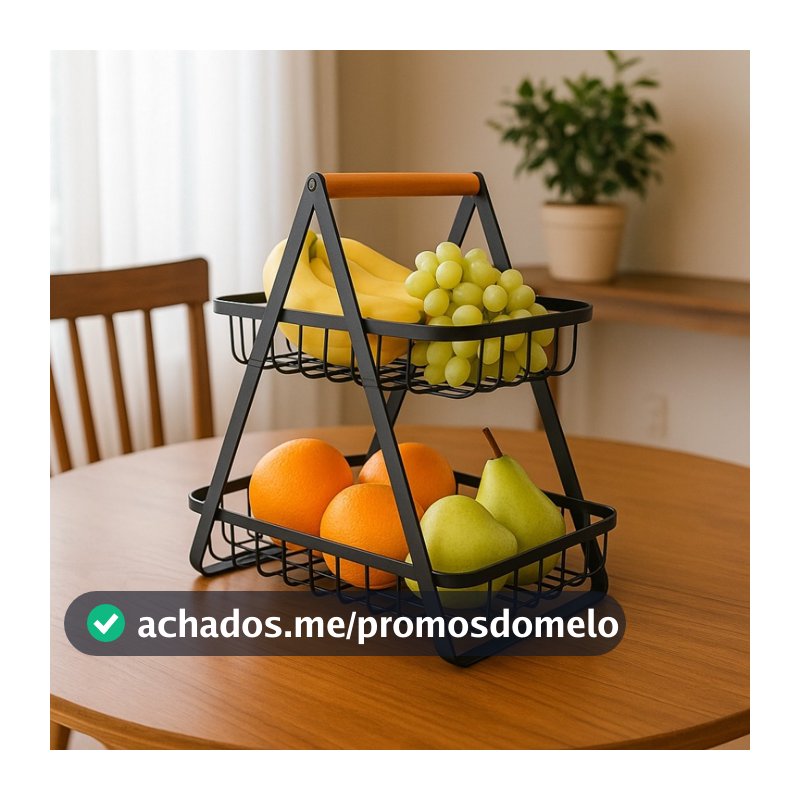 Fruteira de Mesa 2 Andares Metal Alça de Bambu Organizador Decorativo Cesto Duplo Aramado Para Frutas Legumes