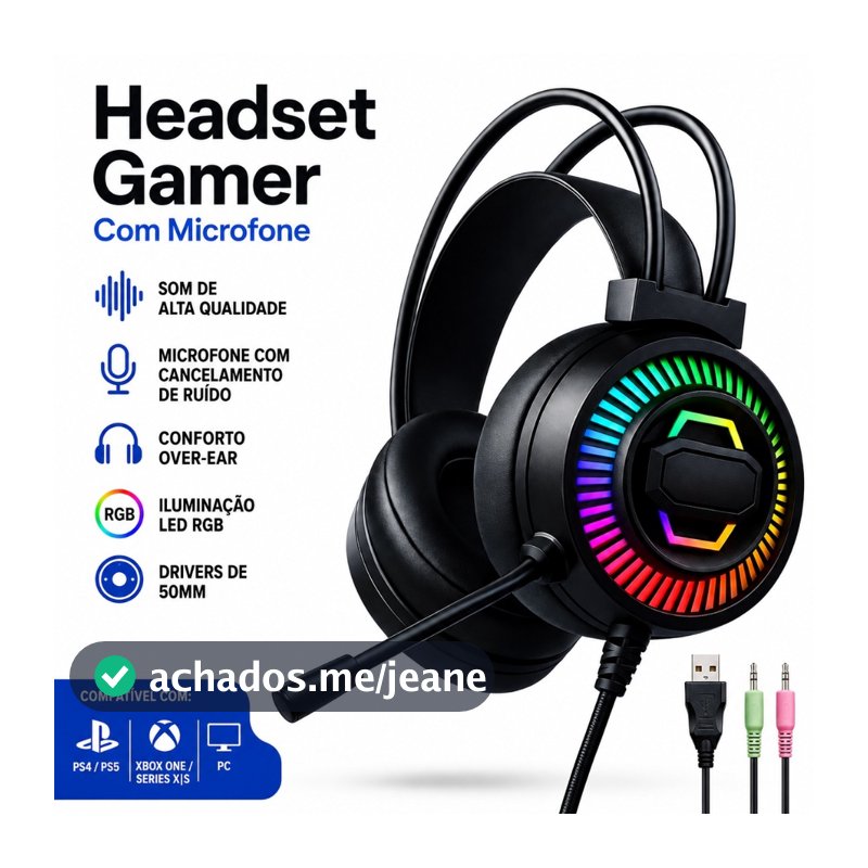 Headset Gamer RGB Com Microfone USB PC PS4 PS5 Xbox Fone Gamer LED Alta Qualidade