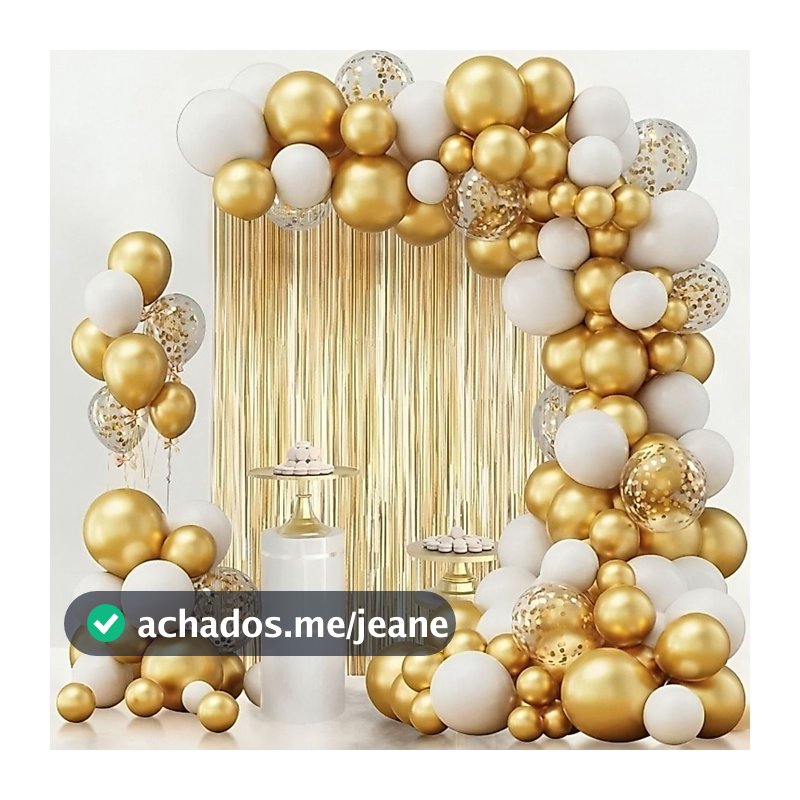 Kit Balões+Cortina+Fita Bexiga Branco Dourado Arco Franja Metalizada Bexiga Decoração De Festa