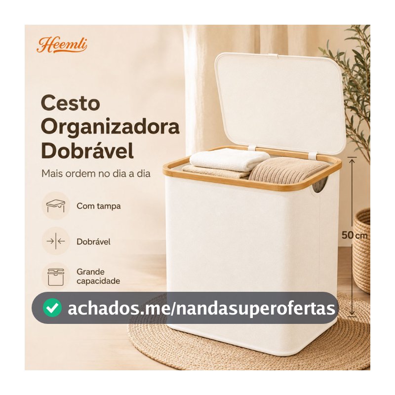 Cesto Organizador Heemli com Tampa de Bambu Dobrável para Lavanderia Sala Banheiro