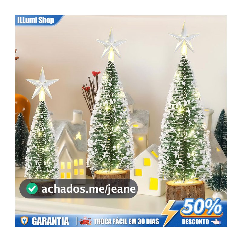 1, 3 ou 6 Luminária LED Árvore de Natal Mini Nevada 18cm com Base de Madeira Decoração Natalina Mesa Casa Escritório