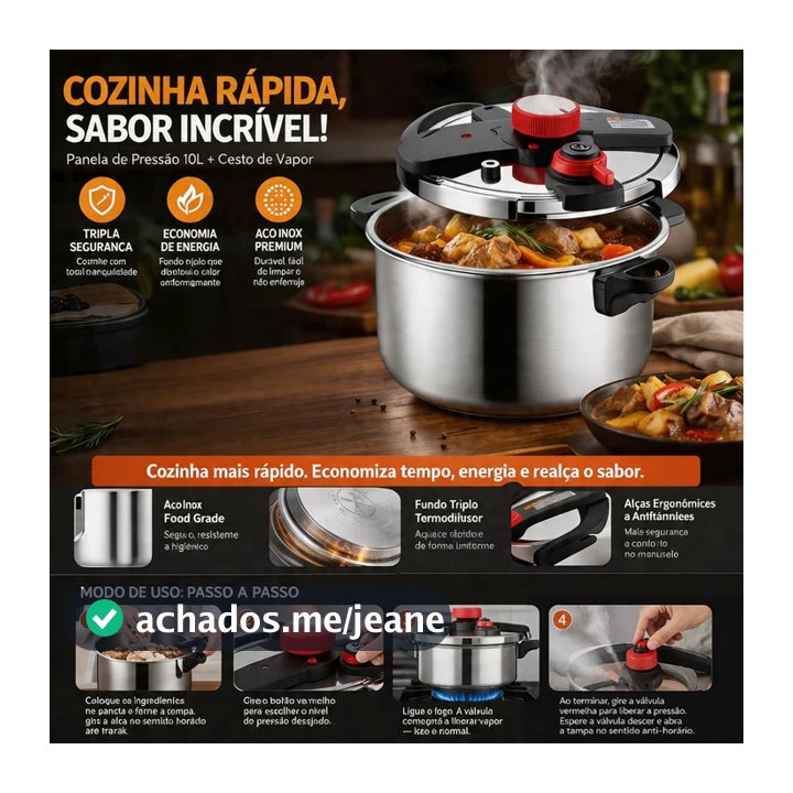 Panela de Pressão Inox 304 6 e 10 Litros 100kPa Cozinha Rápida para Indução e Gás com Pinça para alimentos Inox