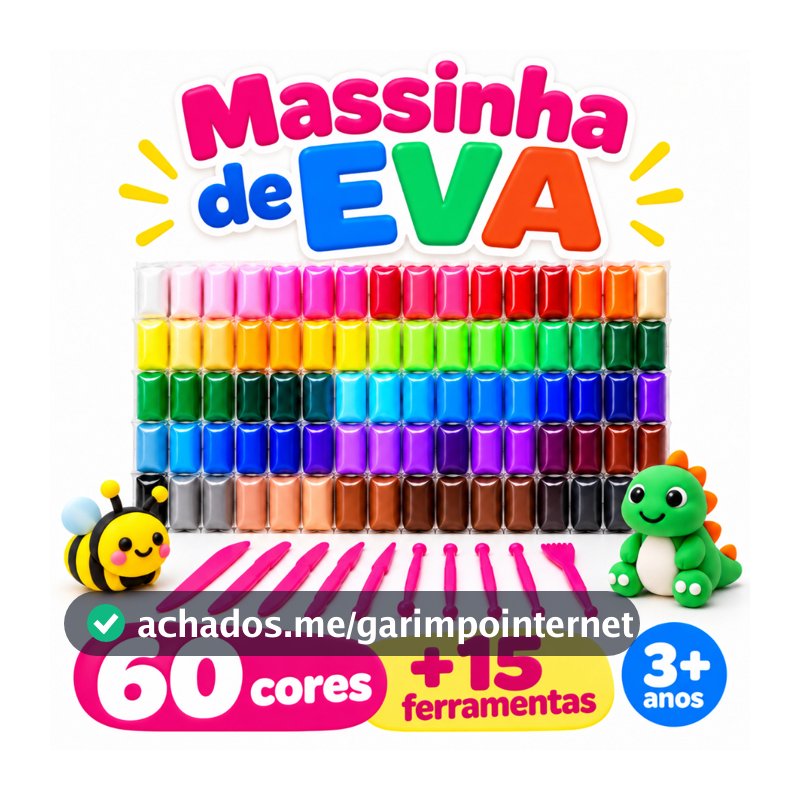 Massinha de EVA 60 Cores + 15 Ferramentas Kit Infantil para Modelar Criativo Brinquedo Educativo 3+ Anos