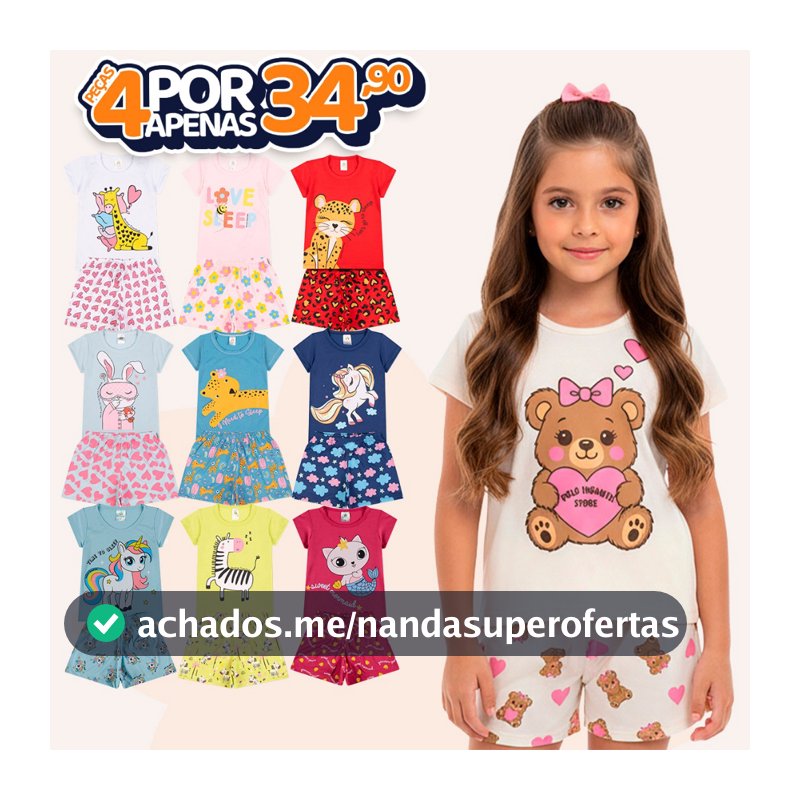 Kit Sortido 4 Peças de Pijamas Infantis para Meninas Confortáveis e Cheios de Estilo - 2 Camisetas + 2 Shorts