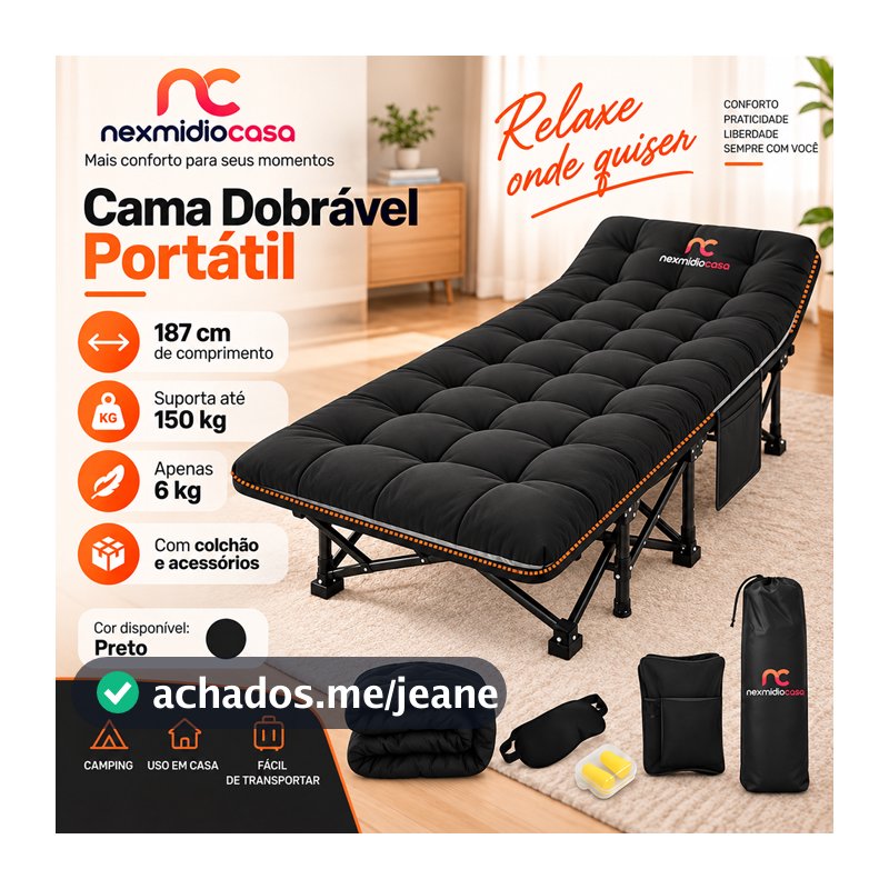 Cama Dobrável Portátil Camping Espreguiçadeira com Colchão 187cm 150kg Oxford 1200D Bolsa e Acessórios