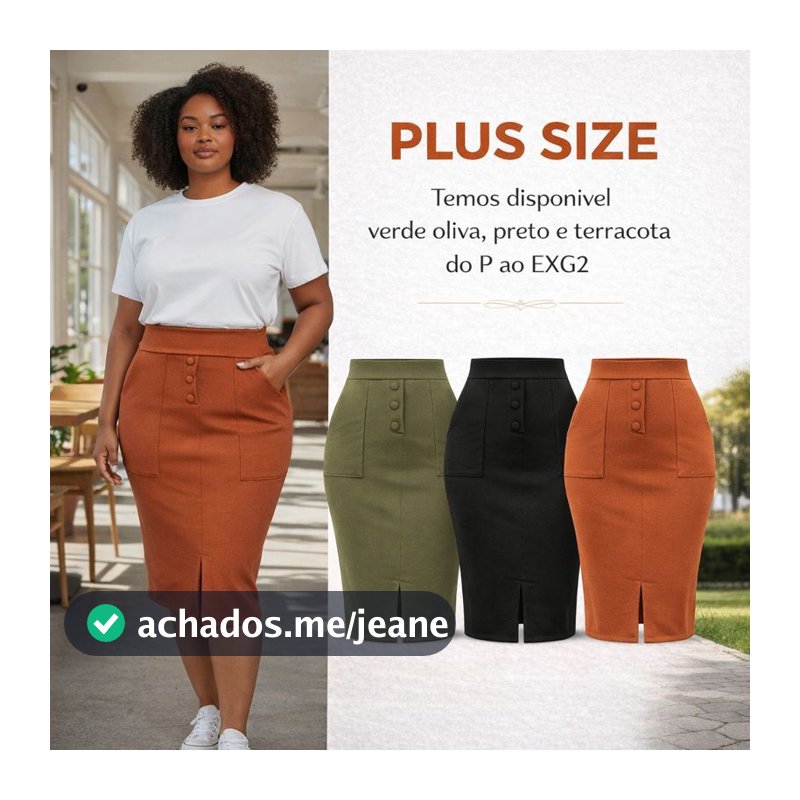 Saia Feminina Plus Size Com Fenda Bolso Com Botão Fake Saia Social Midi Feminina Patê Falso