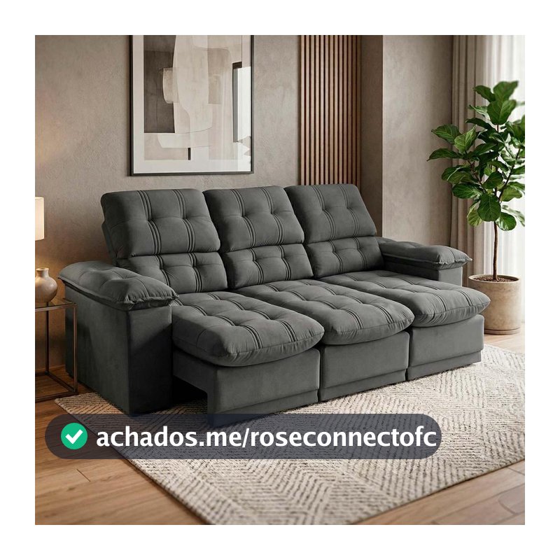 Sofá Retrátil Reclinável Atenas 2,30m Suede Velut Cinza c/ Molas no Assento - King House