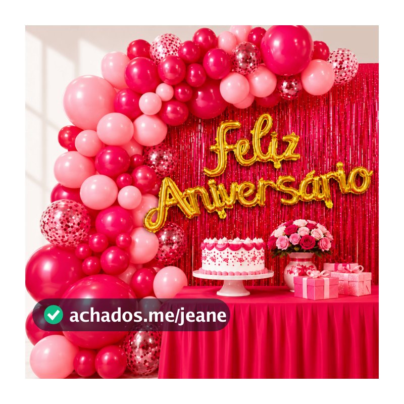 Kit Festa Aniversário 117 Peças com Balões Rosa e Vermelho, Arco de Balões, Cortina Metalizada e Feliz Aniversário