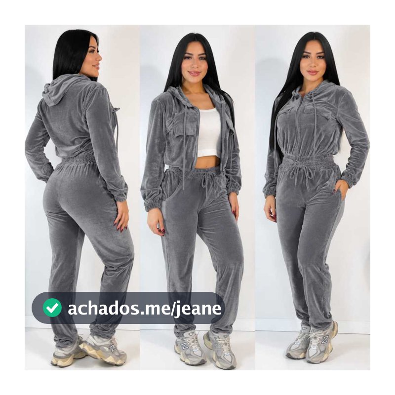 CONJUNTO FEMINO DE VELUDO CRISTAL  COM CAPUZ ZIPER CALÇA COM BOLSO FEMININO