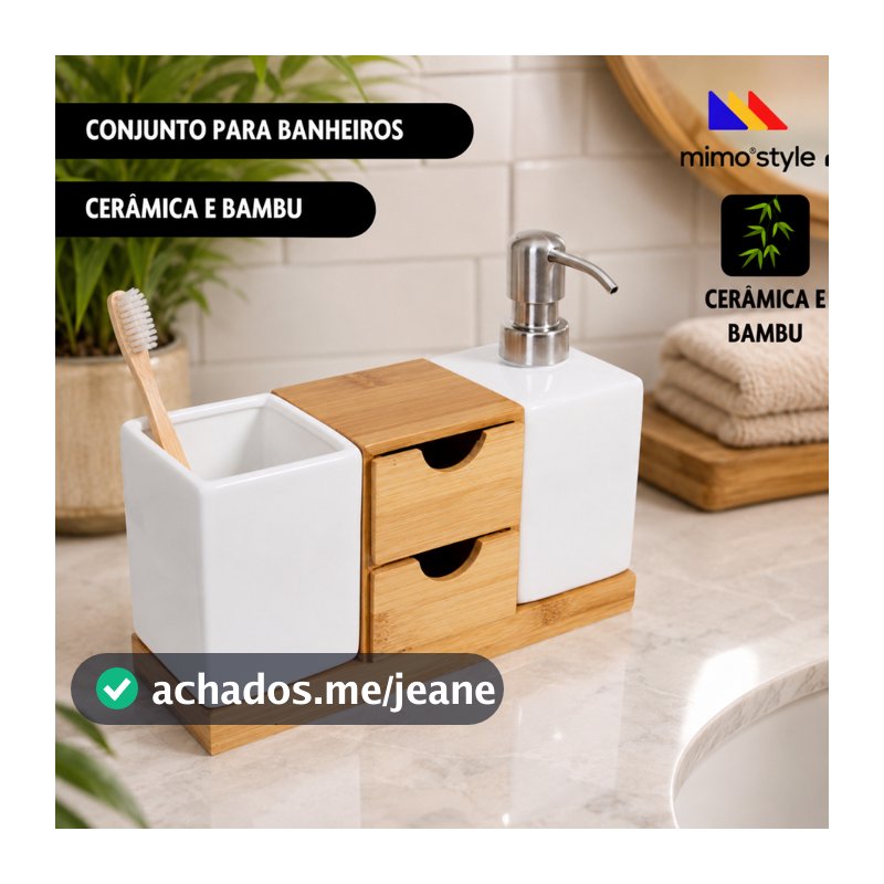 Conjunto para Banheiro 5 Peças Cerâmica e Bambu Mimo Style