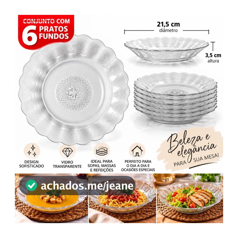 Kit 6 Pratos Fundos de Vidro Transparente 21,5cm Decorado com Relevo – Mesa Posta Elegante
