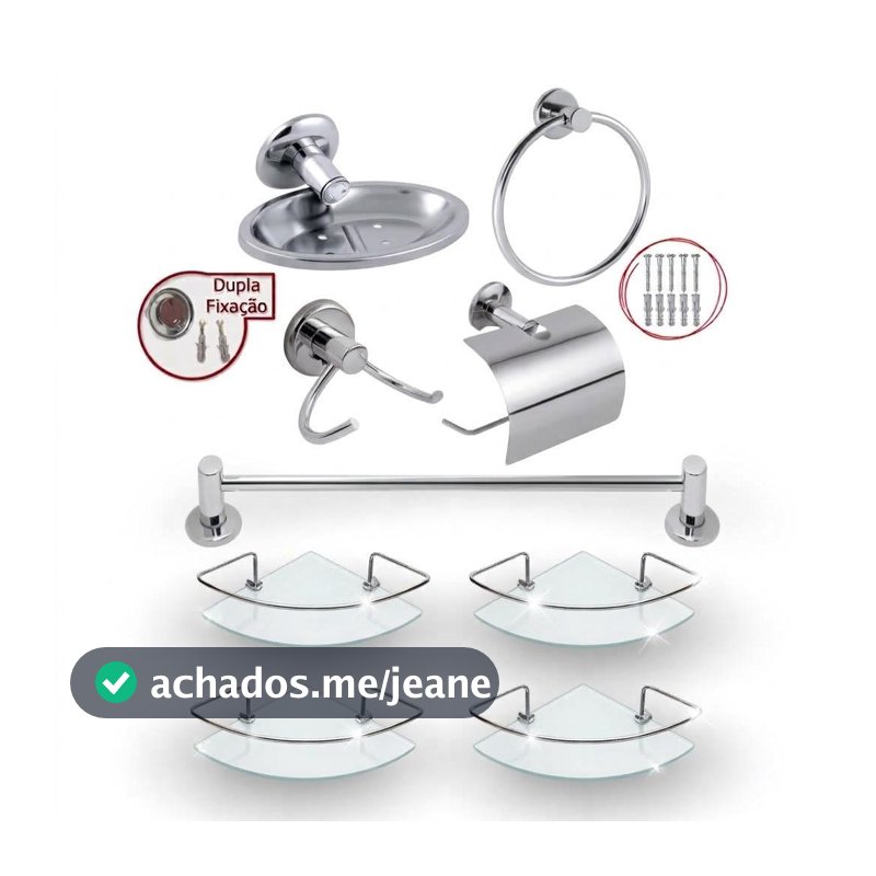 Kit Acessórios 5 Peças  Cromado Inox Banheiro + Porta Shampoo Prateleira Canto Suporte Vidro Incolor Box Cantoneira