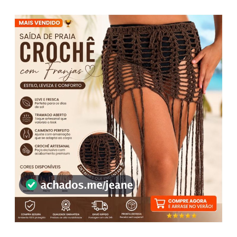 Saida de Praia Saia Crochê Artesanal Feminina Brisa, Saída de Praia Leve com Franjas Longas