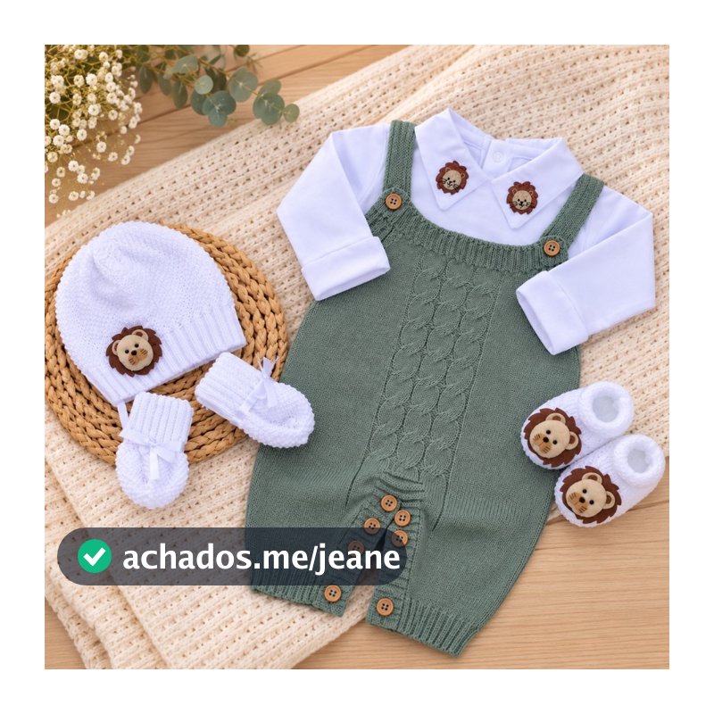 Saída de Maternidade Menino Jardineira Leão Juba Marrom 6 Peças Tricot Dinhos Baby