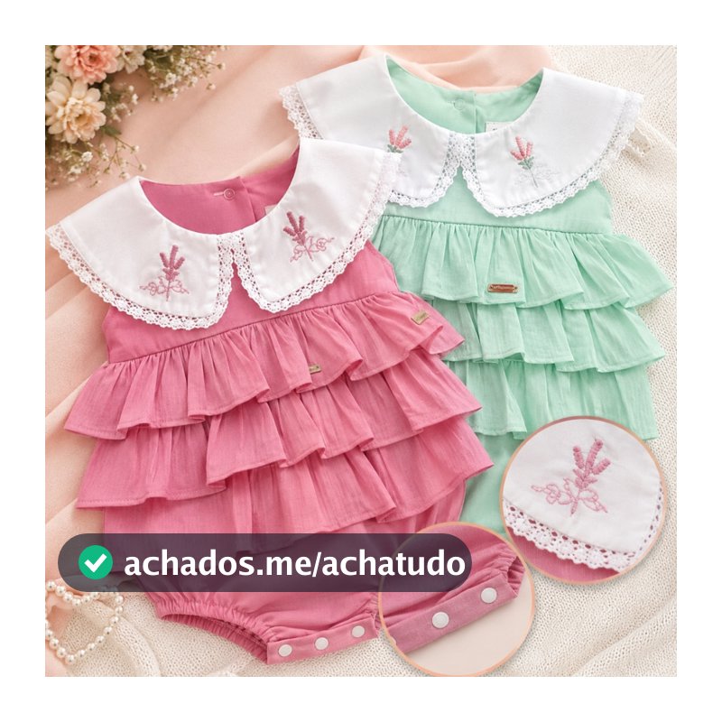 Body infantil para bebe bordado com gola e babados confortavel e charmoso bory para menina